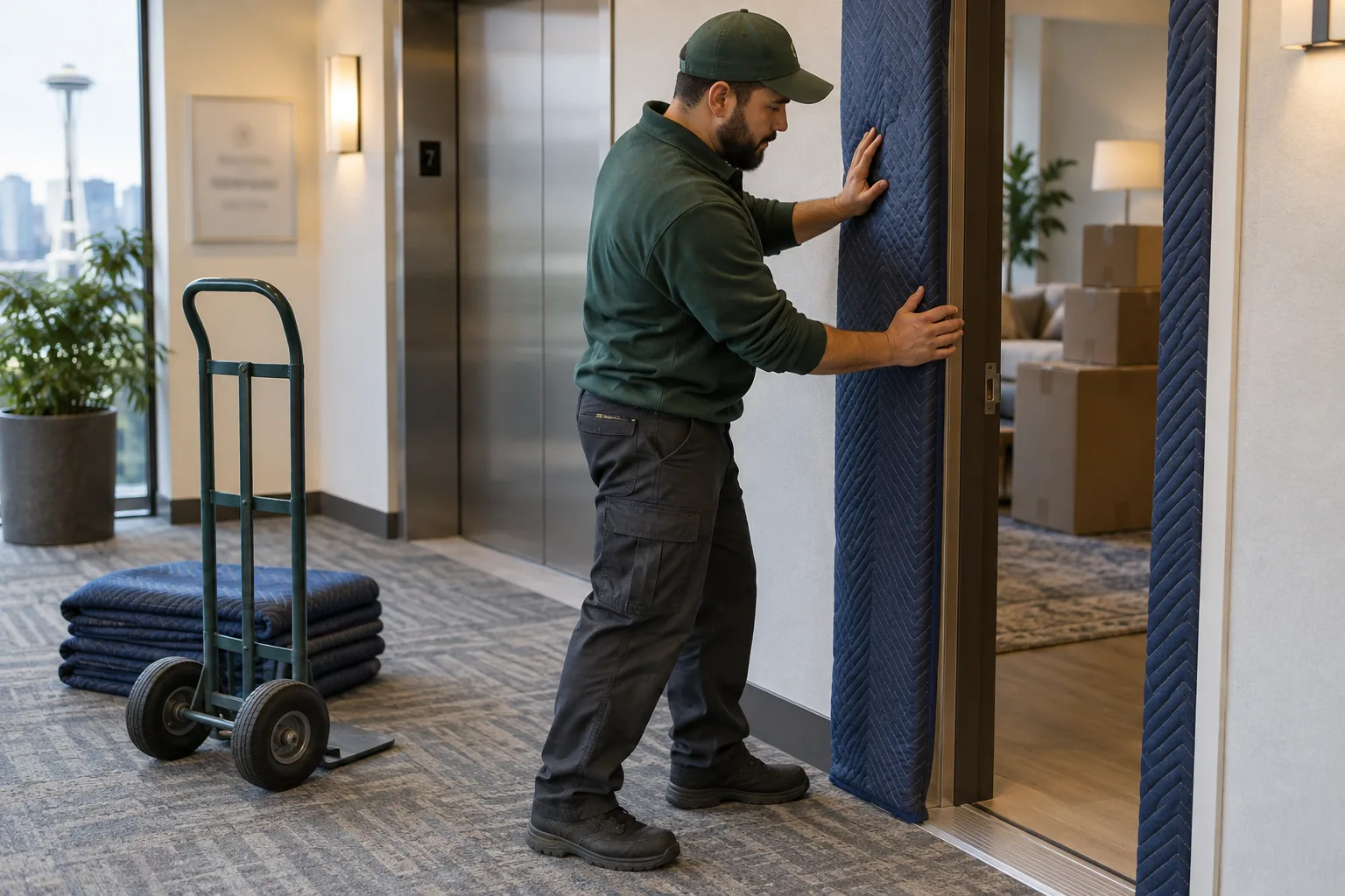 A worker protects an apartment doorway before moving boxed items.
