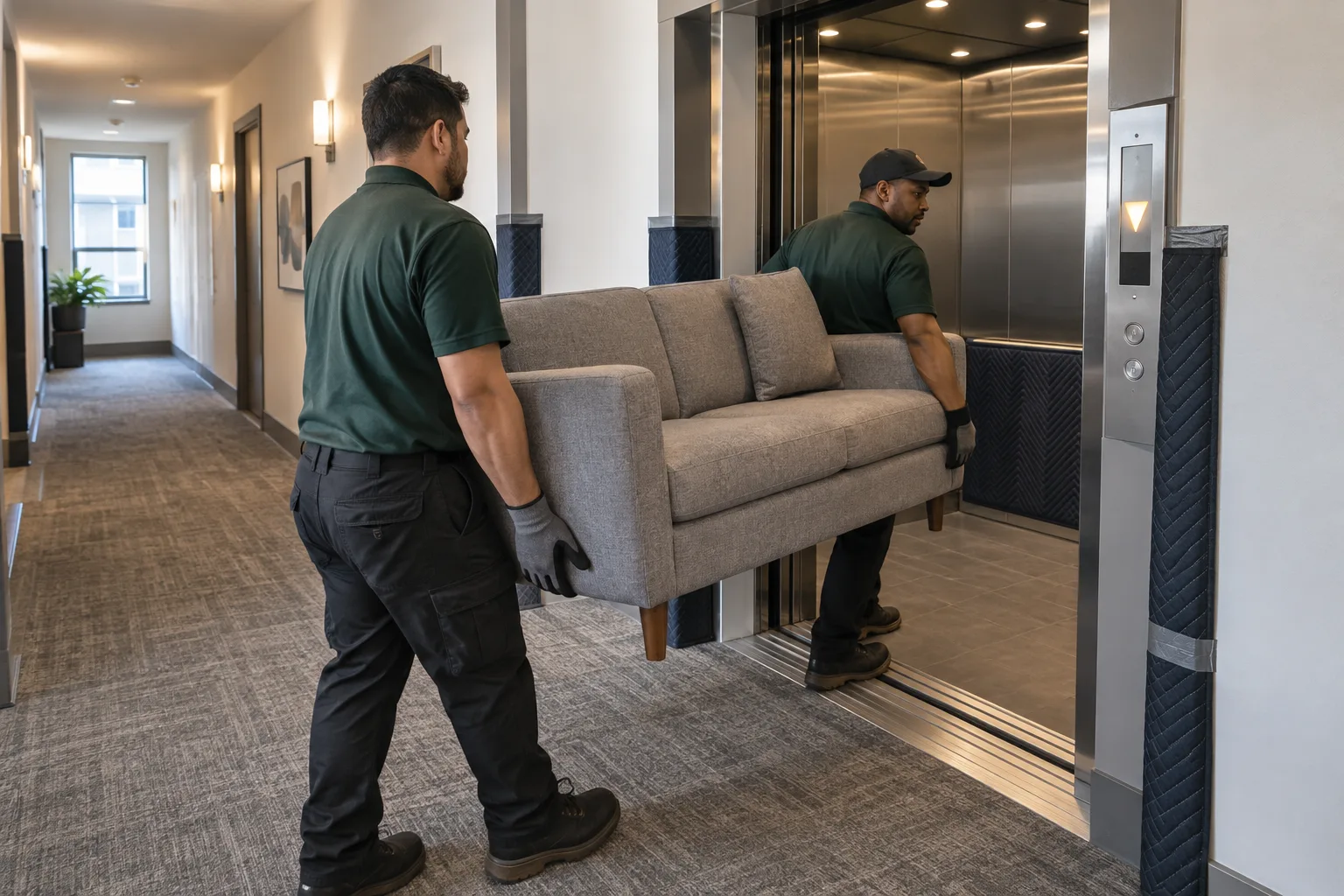 Two workers carry a sofa toward an apartment service elevator.